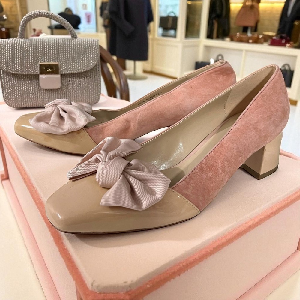 IMNYC Isaac Mizrahi Pink Bow Pumps Block Heel Patent Leather Dress Shoes